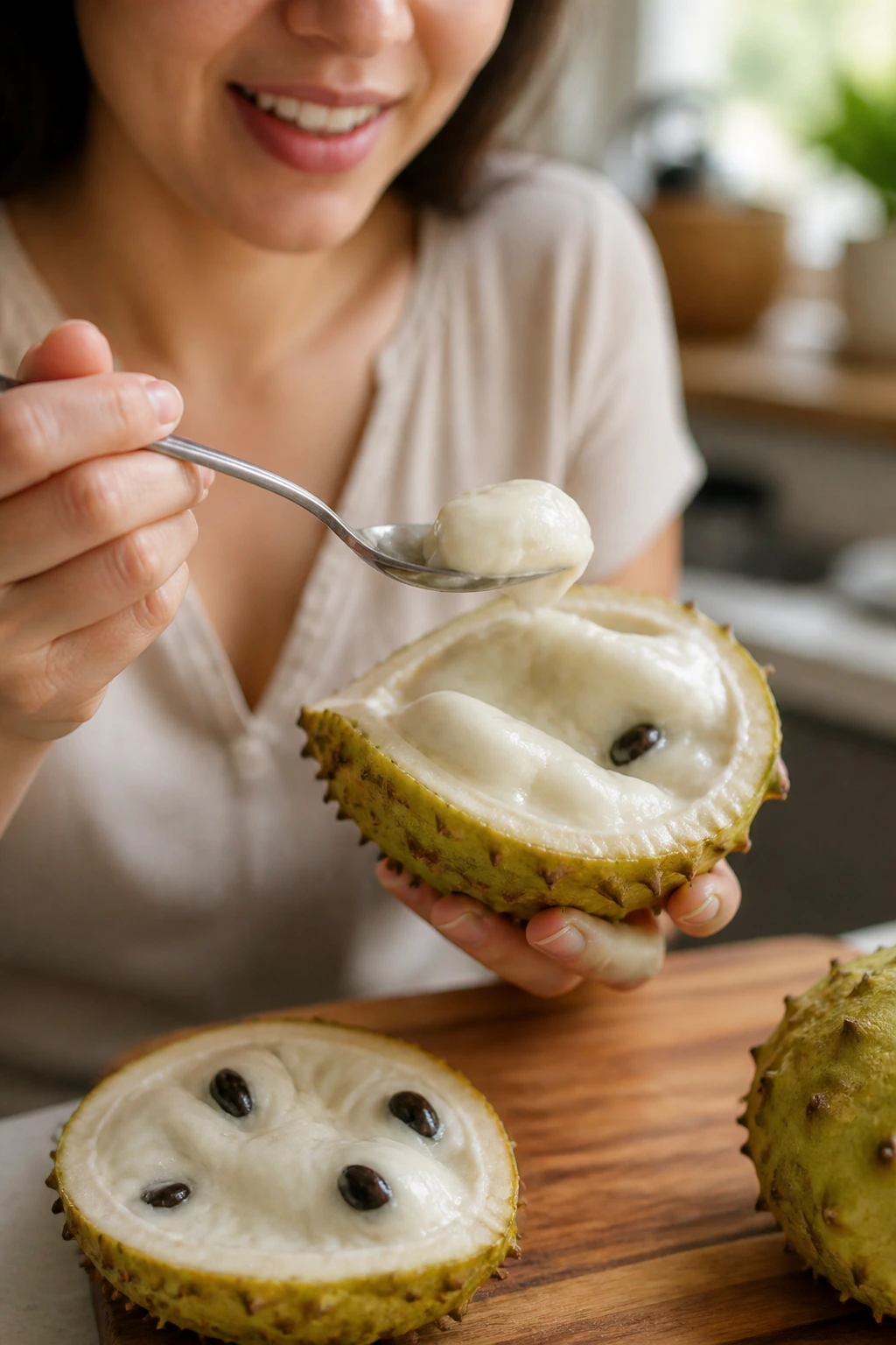 Rollinia Fruit: Nutrition Value, Health Benefits, And More 8 Real person enjoying Rollinia fruit by scooping flesh with a spoon