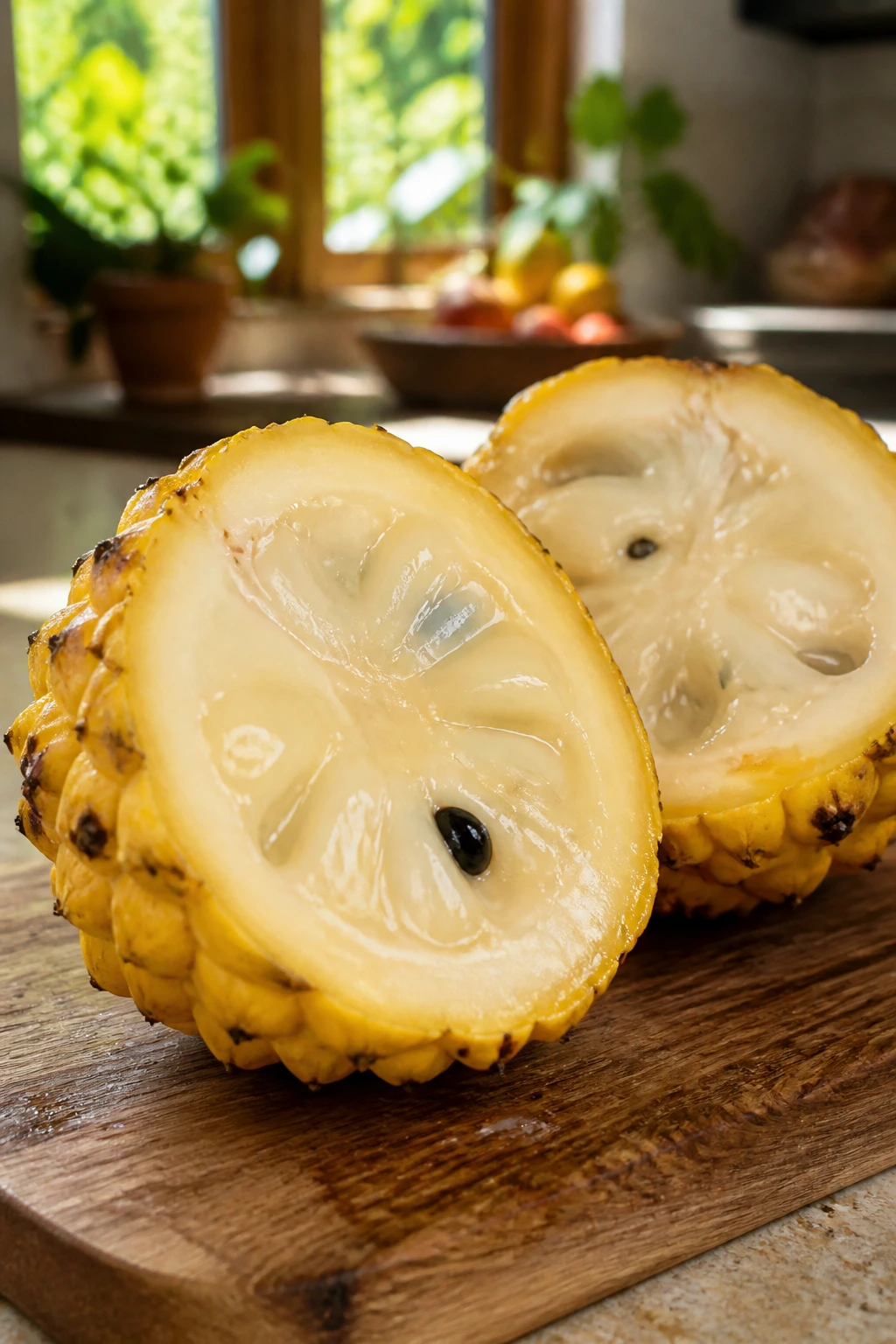 Rollinia Fruit: Nutrition Value, Health Benefits, And More 1 Halved rollinia showing jelly-like flesh on a wooden board