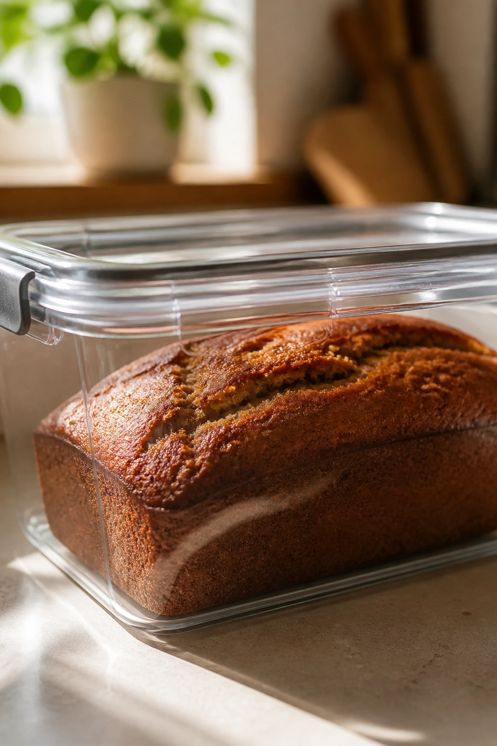 Banana bread inside airtight container on sunny counter