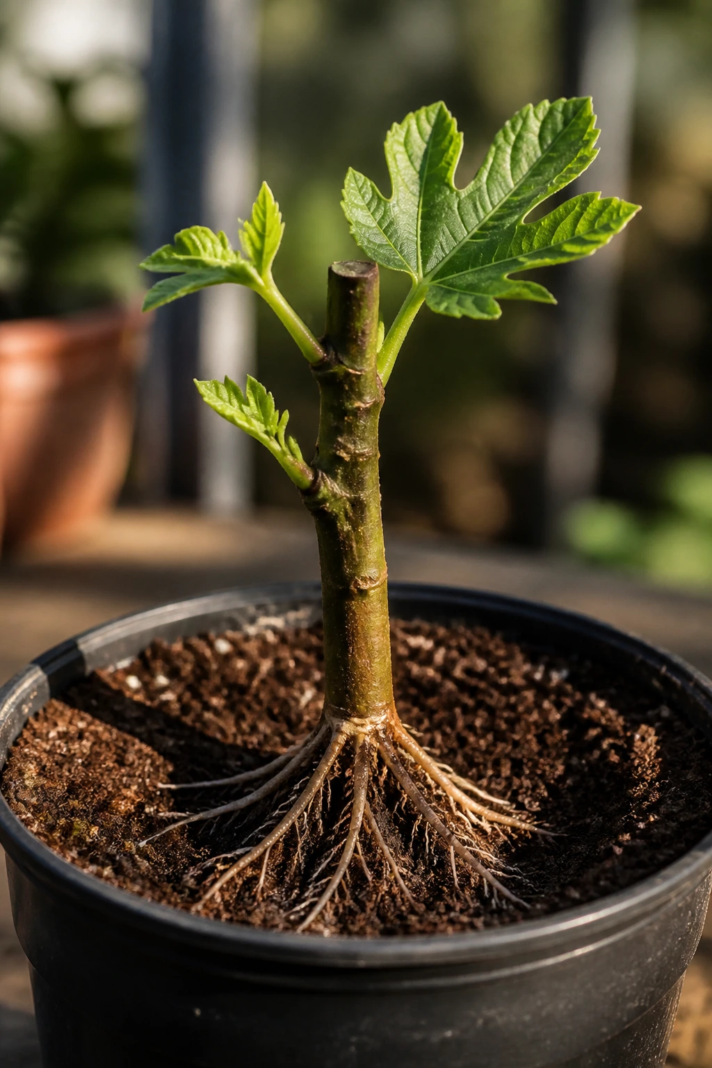 Fig cutting with roots visible at soil line in pot