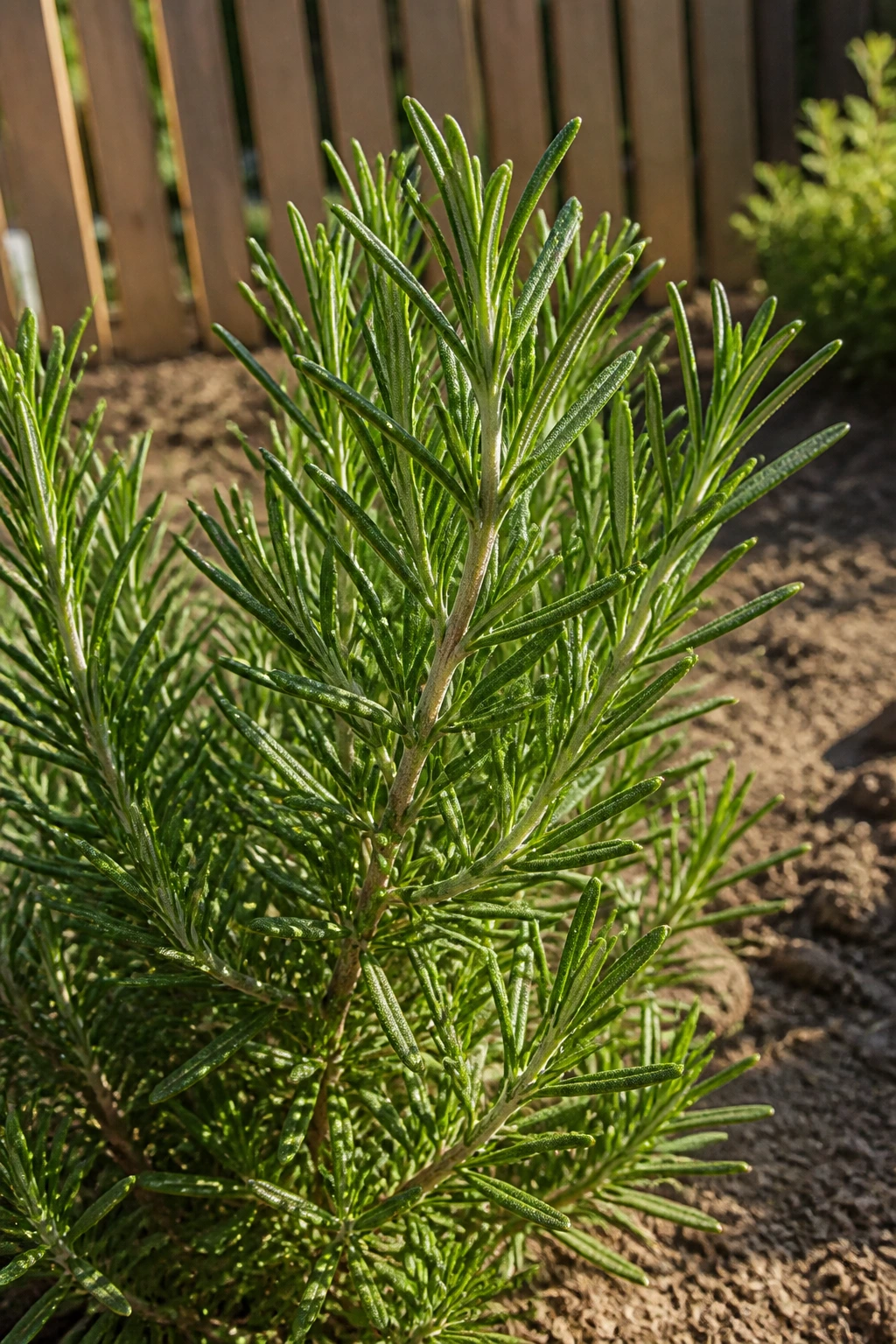 Close-up of a rosemary sprig in an outdoor herb garden