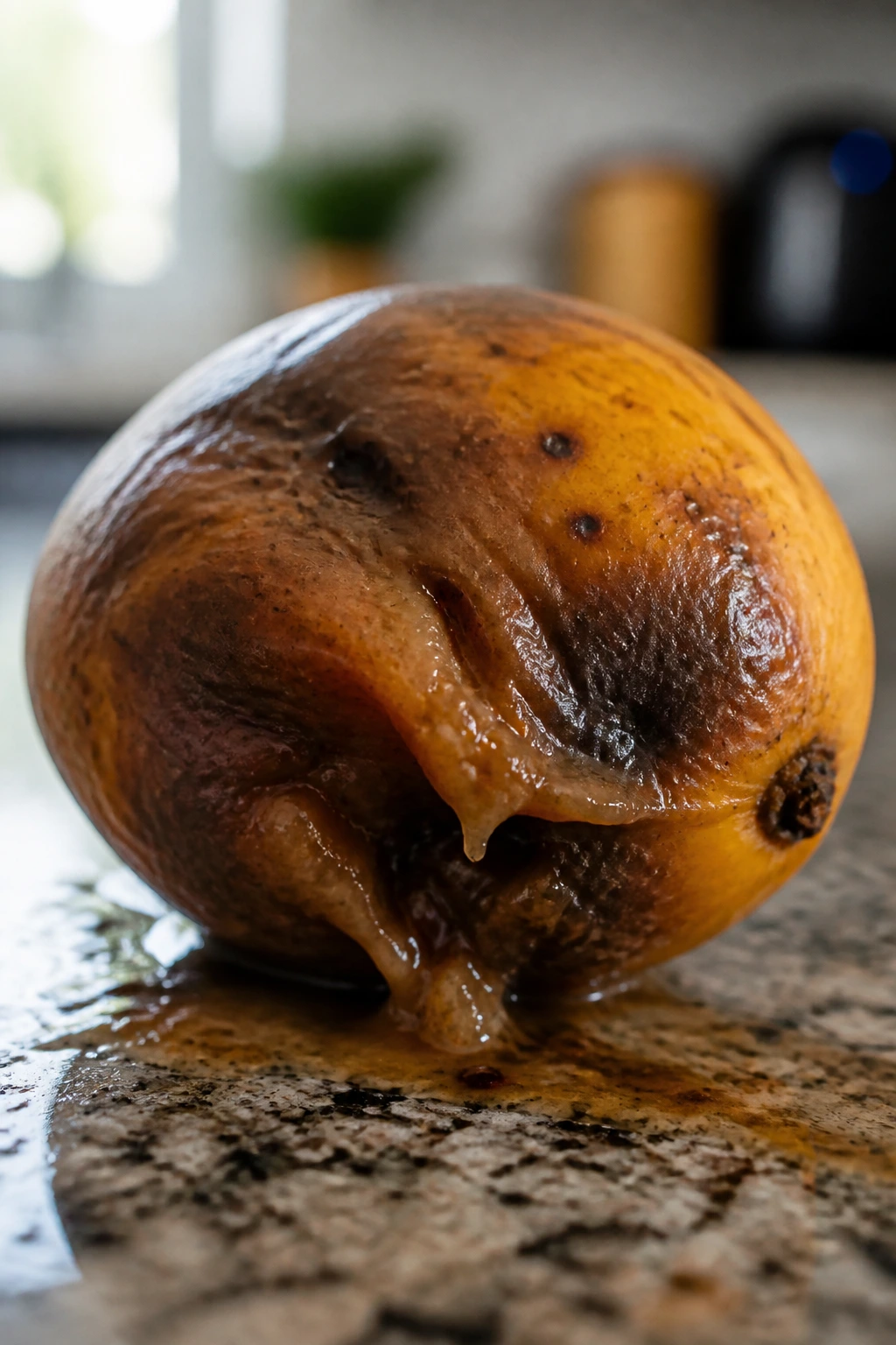 Rotten mango with mushy brown spots on a cutting board