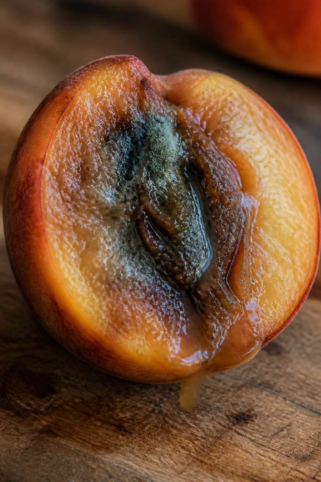 How To Tell If Peaches Are Bad & How Long Do They Last? 7 Rotten peach half with discolored flesh