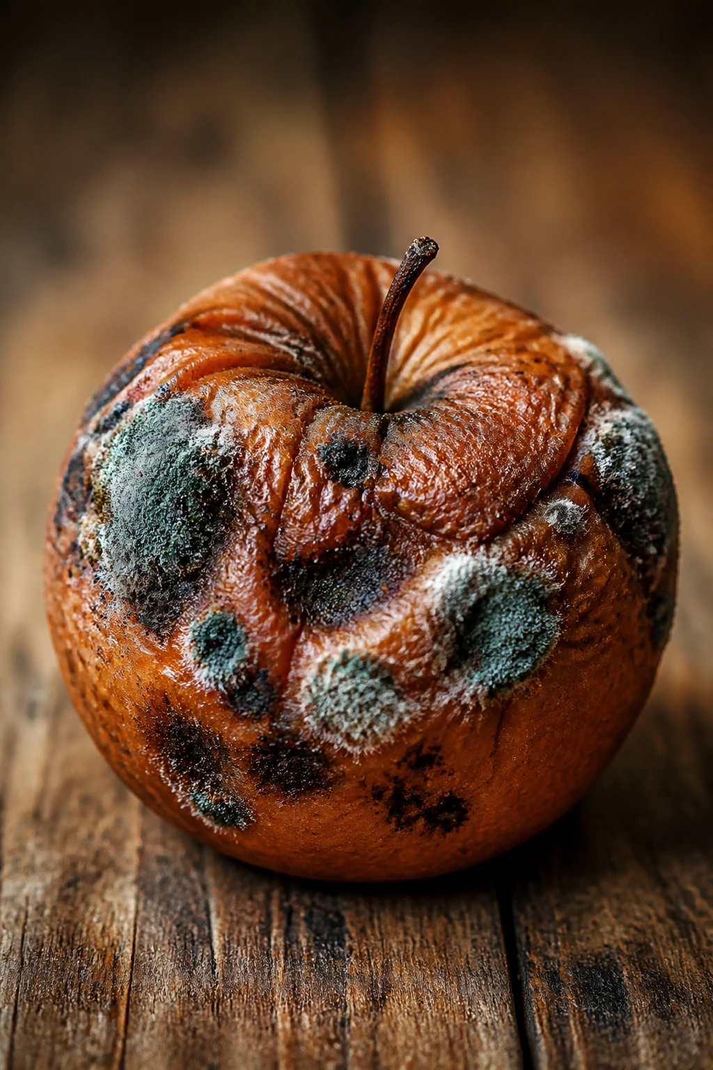 Rotting fruit with mold and decay on a wooden surface