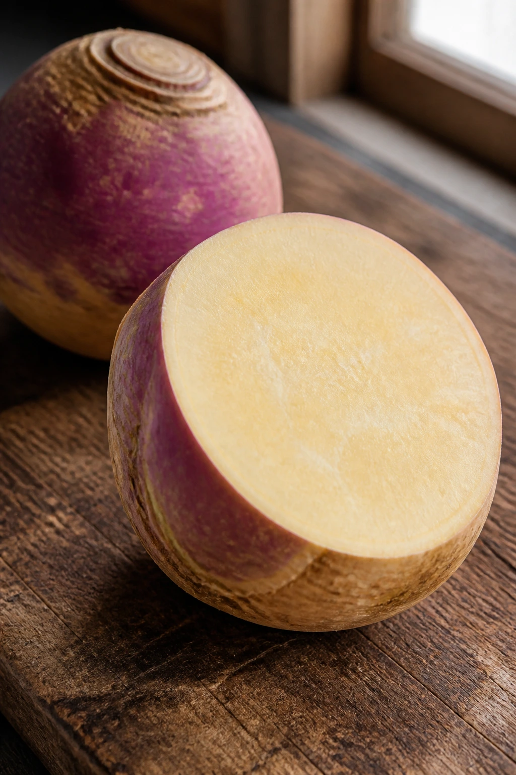 Cross-section of rutabaga showing purple skin and pale yellow flesh