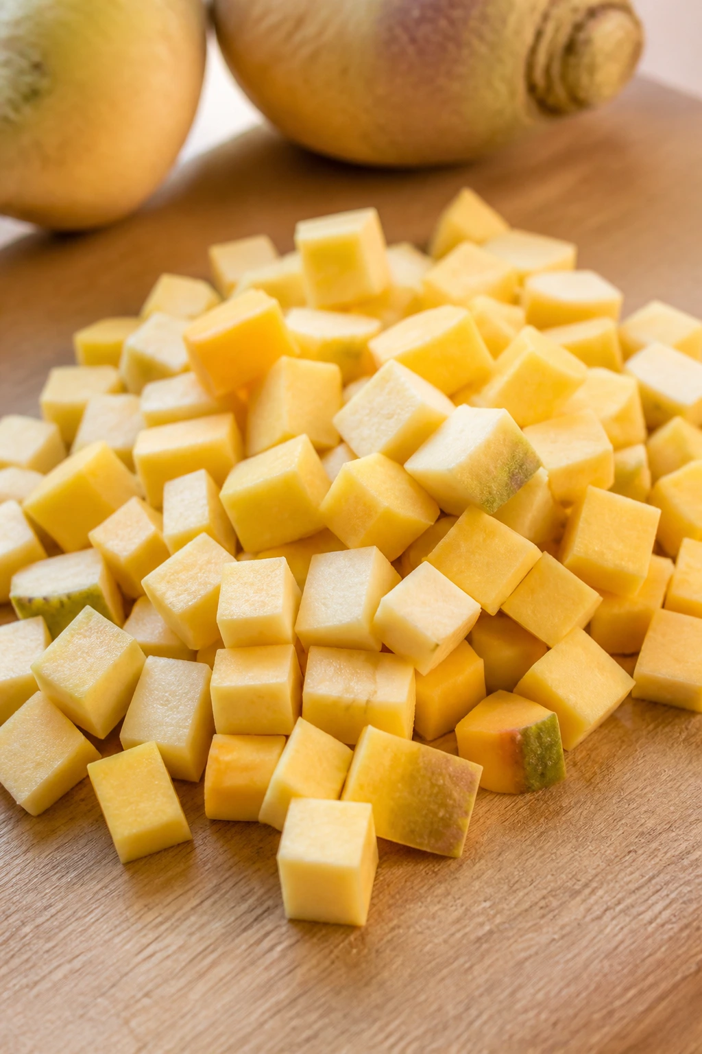Pile of rutabaga dice on a wooden surface with soft lighting