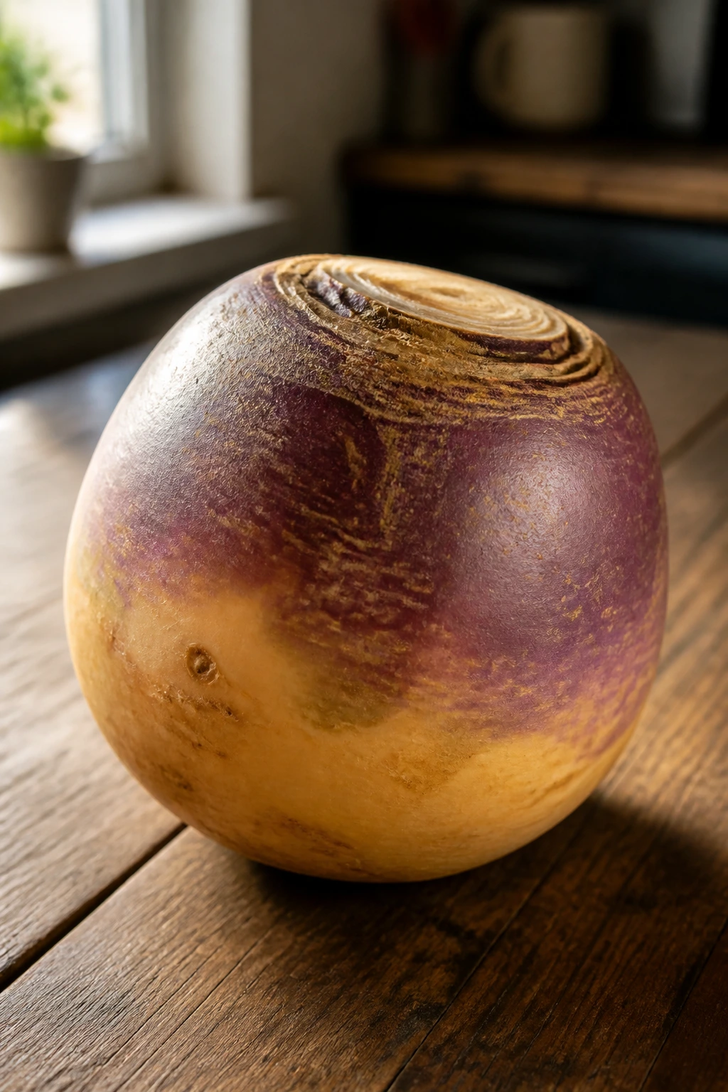 Close-up of a single rutabaga on a wooden kitchen counter in natural light