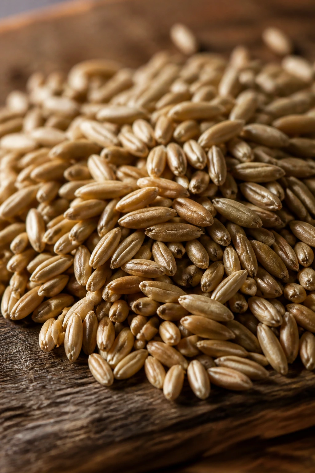Rye Berries vs Wheat Berries: Understanding the Difference 7 Close-up of rye berries filling the frame on a rustic wooden surface with natural light