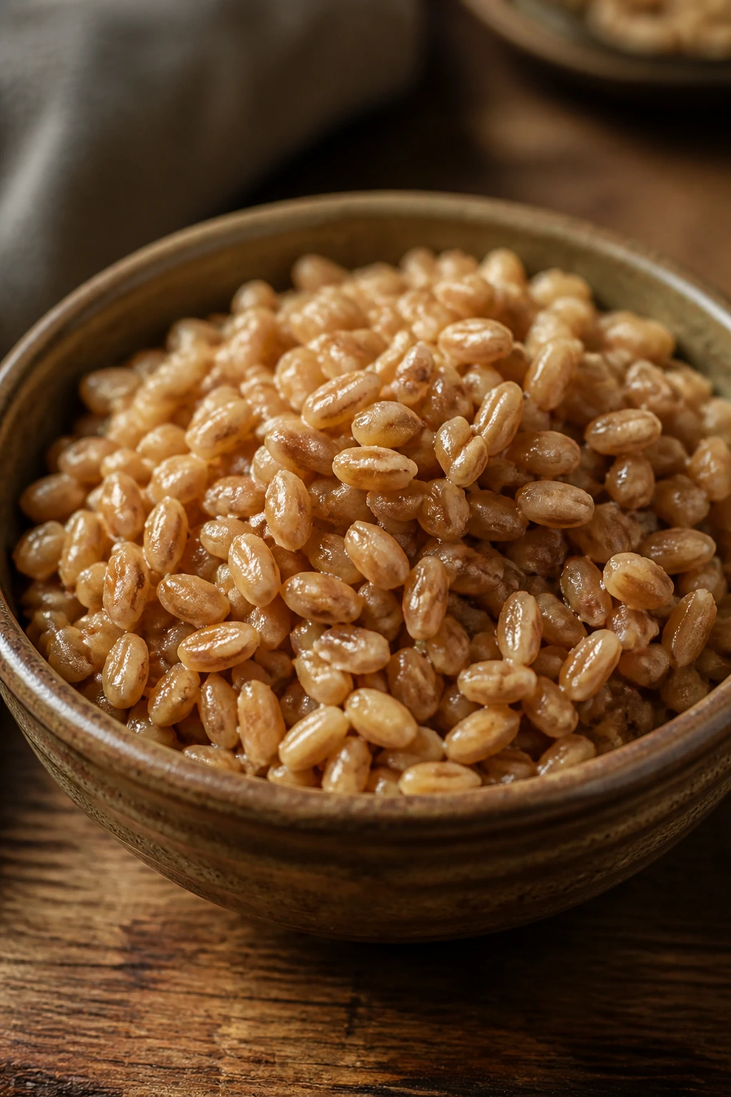 Rye Berries vs Wheat Berries: Understanding the Difference 12 Close-up of cooked rye berries in a rustic bowl on a wooden table