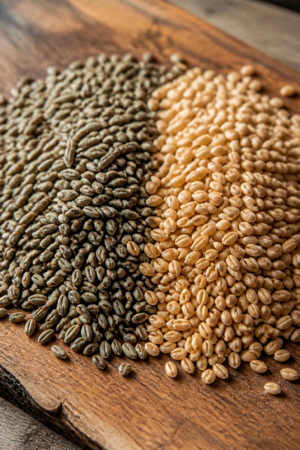 Rye Berries vs Wheat Berries: Understanding the Difference 9 Close-up of rye berries and wheat berries side by side on a wooden board