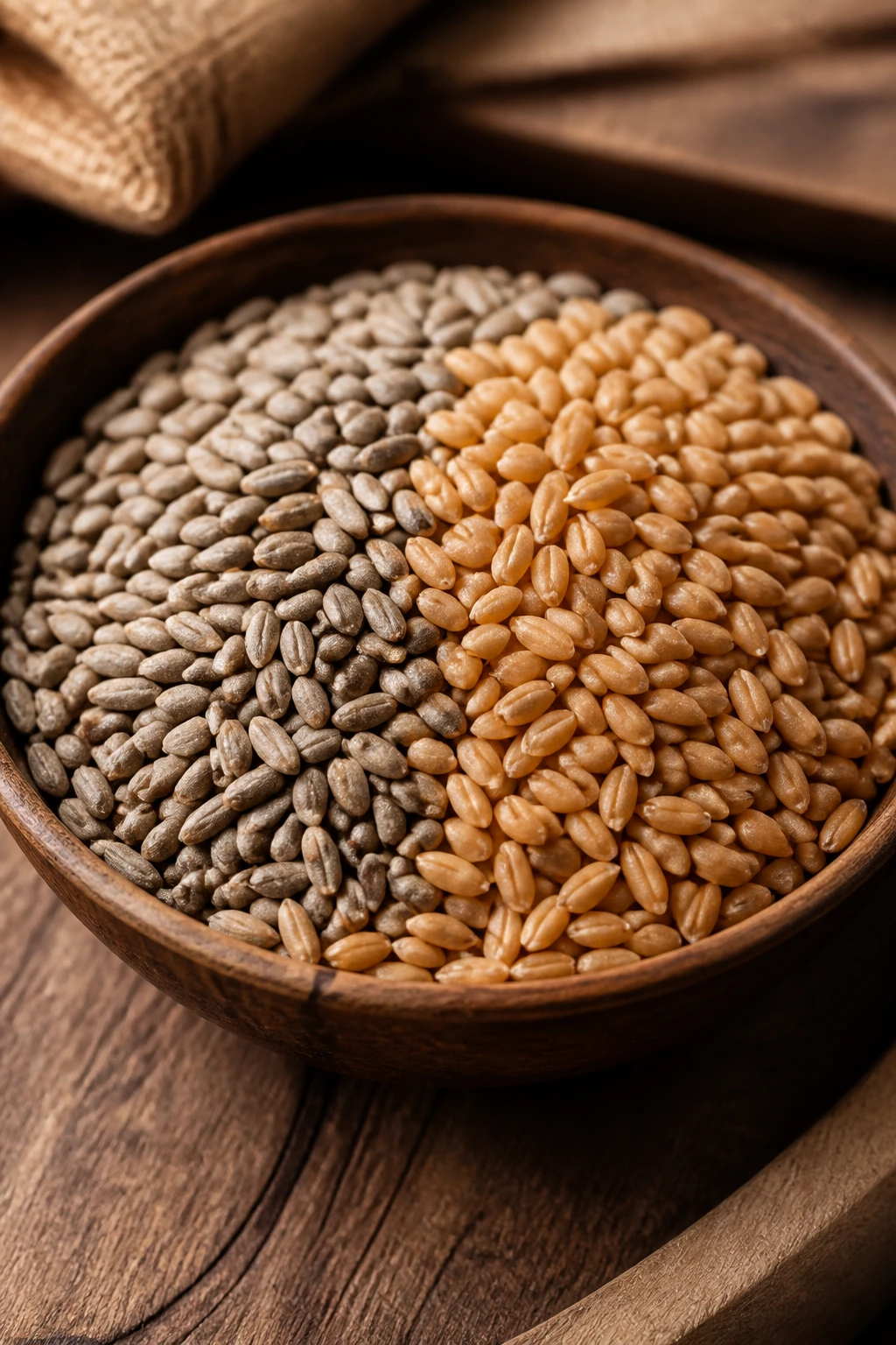 Rye Berries vs Wheat Berries: Understanding the Difference 15 Mixed rye berries and wheat berries in a wooden bowl