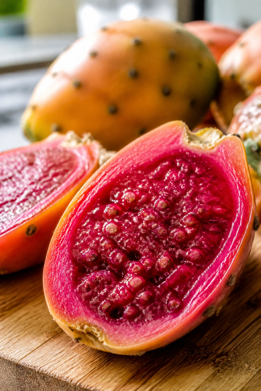 Cross-section of Sabra fruit showing flesh and seeds in kitchen light