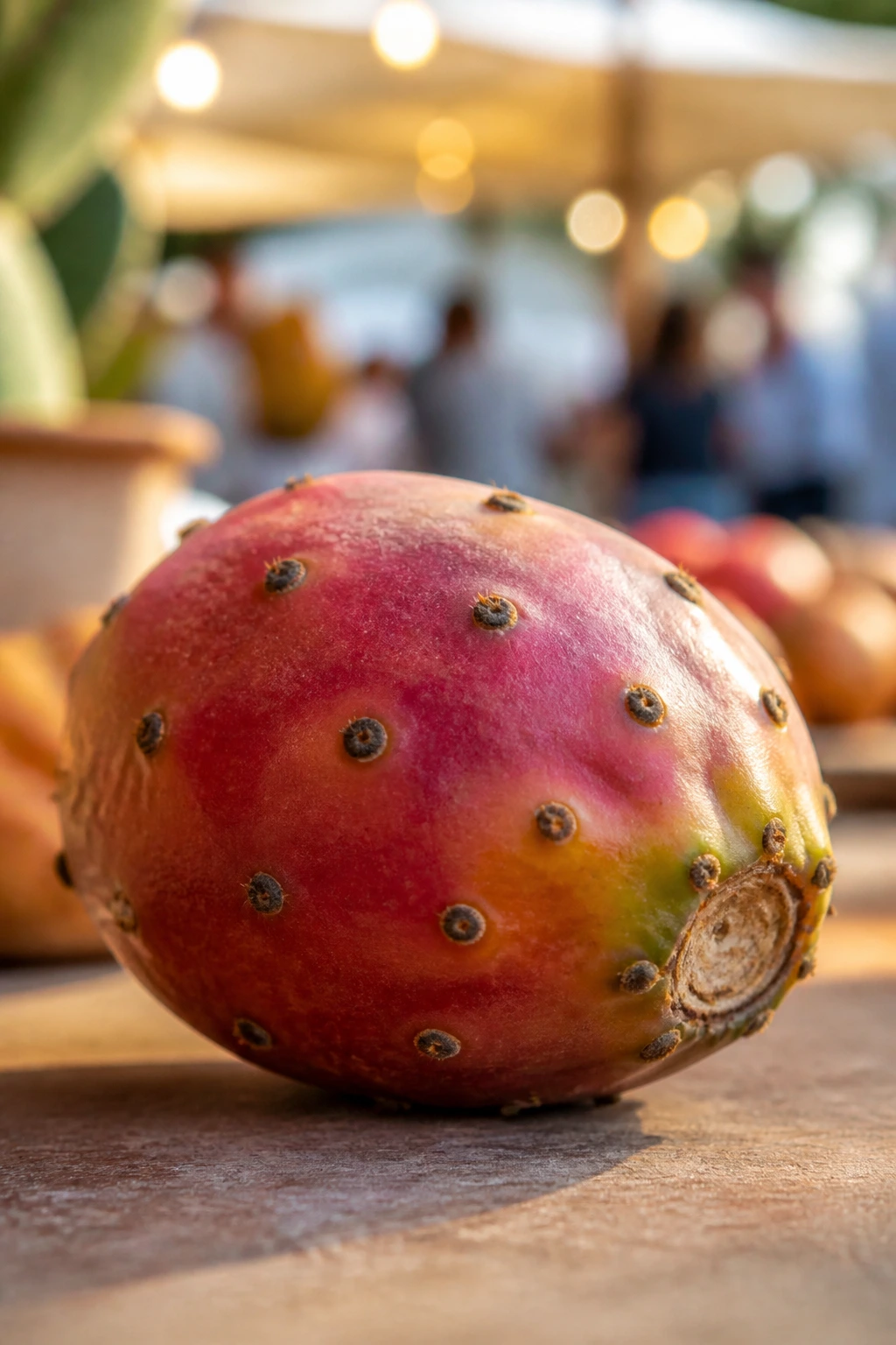 Sabra fruit on a table with soft festival-like background blur