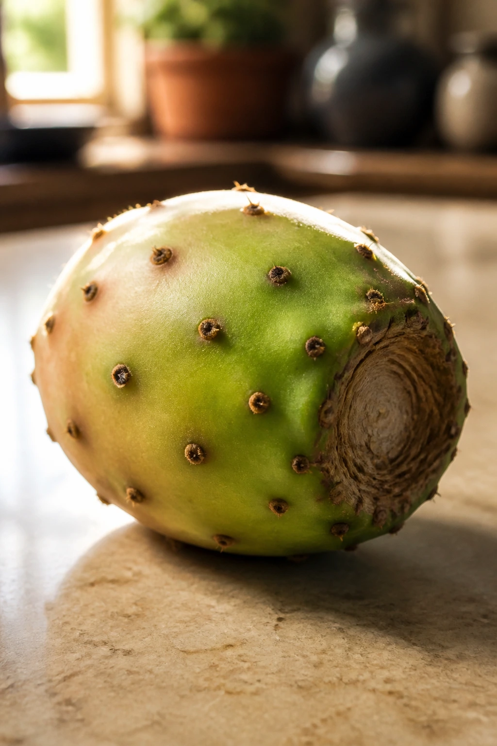 Sabra fruit on a kitchen counter under warm window light