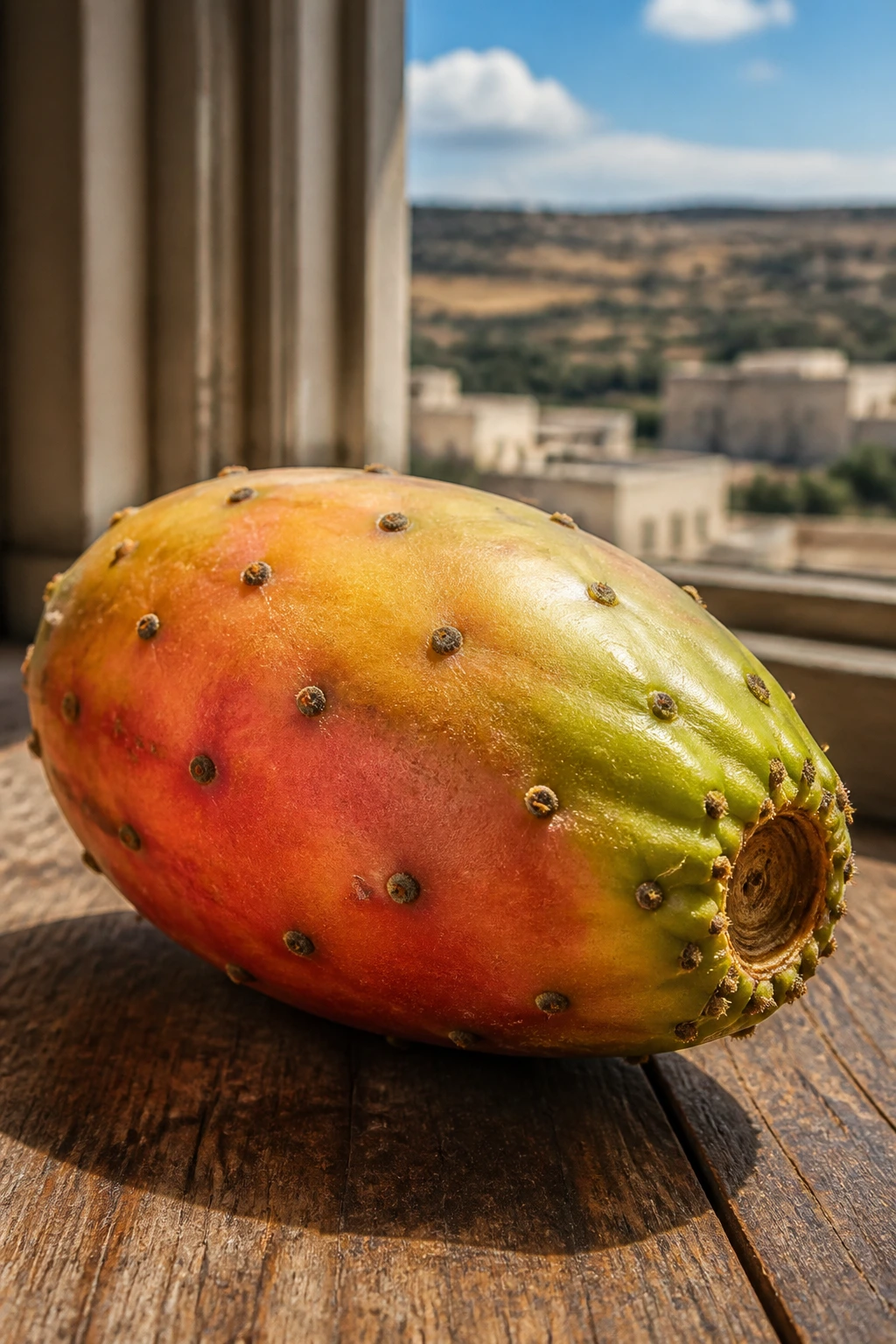 Sabra fruit on a wooden surface with bright daylight from a window