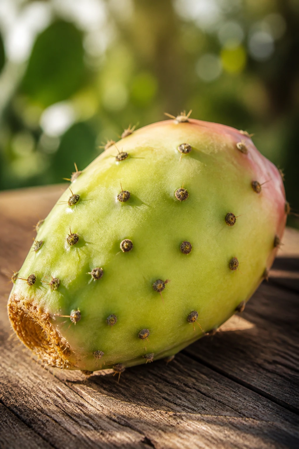 Close-up of a single Sabra fruit with a spiky rind in outdoor sunlight