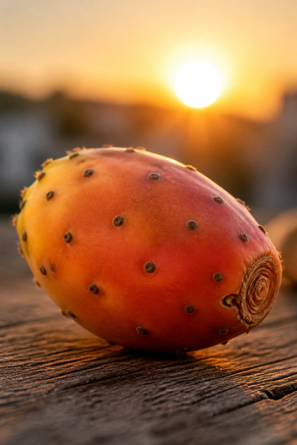 Close-up of a Sabra fruit bathed in warm sunset light