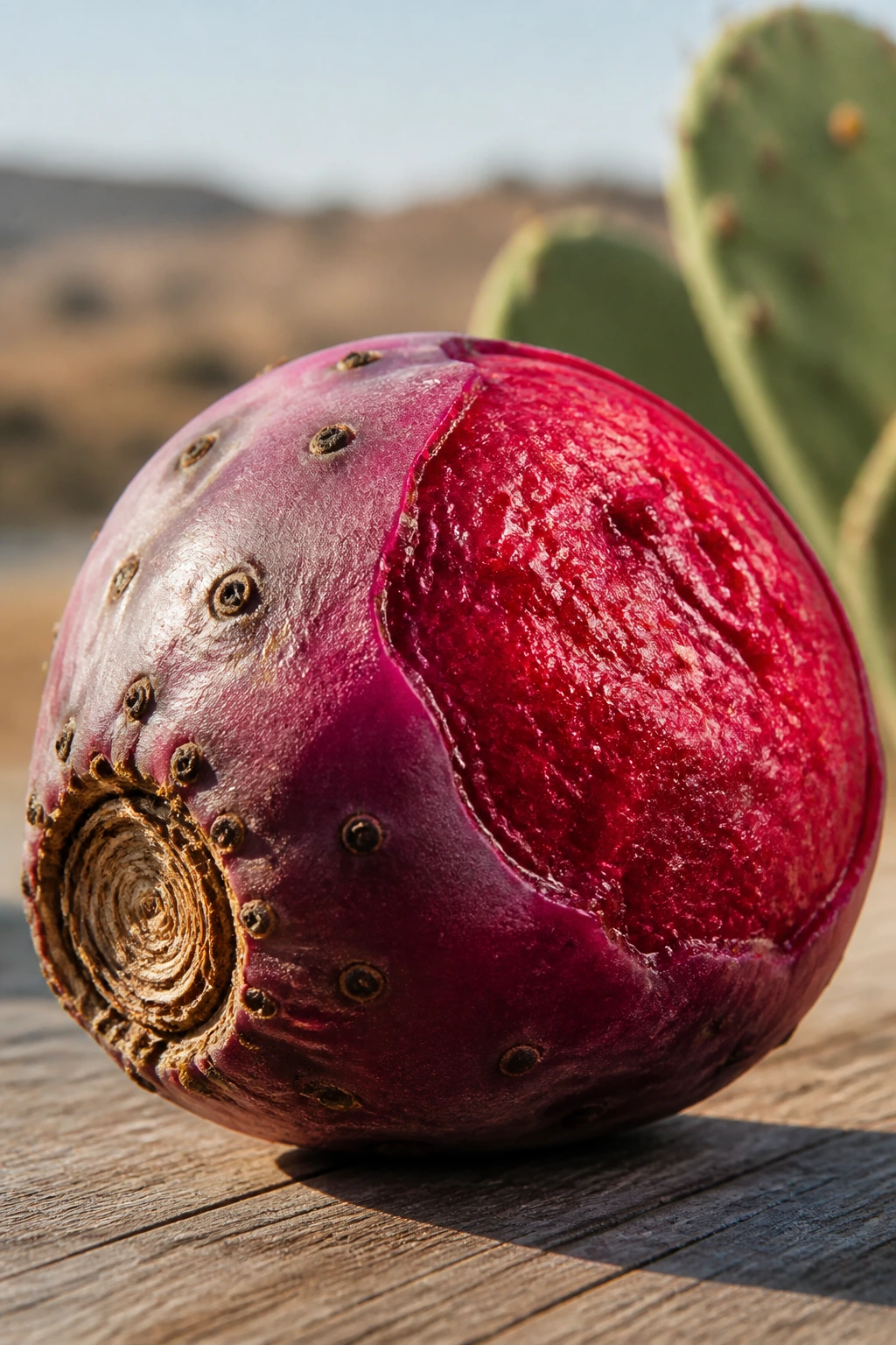 Close-up of a Sabra fruit (prickly pear) with purple skin and red flesh, macro shot