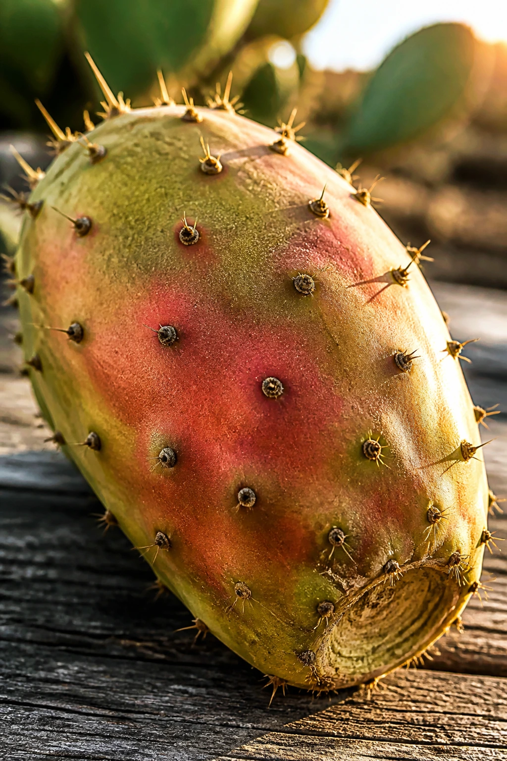 Close-up of a spiny Sabra fruit on a wooden table in warm sunlight