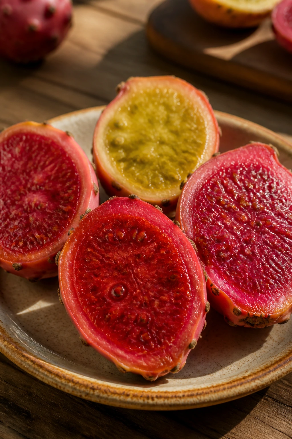 Sabra fruit halves on rustic plate in kitchen light