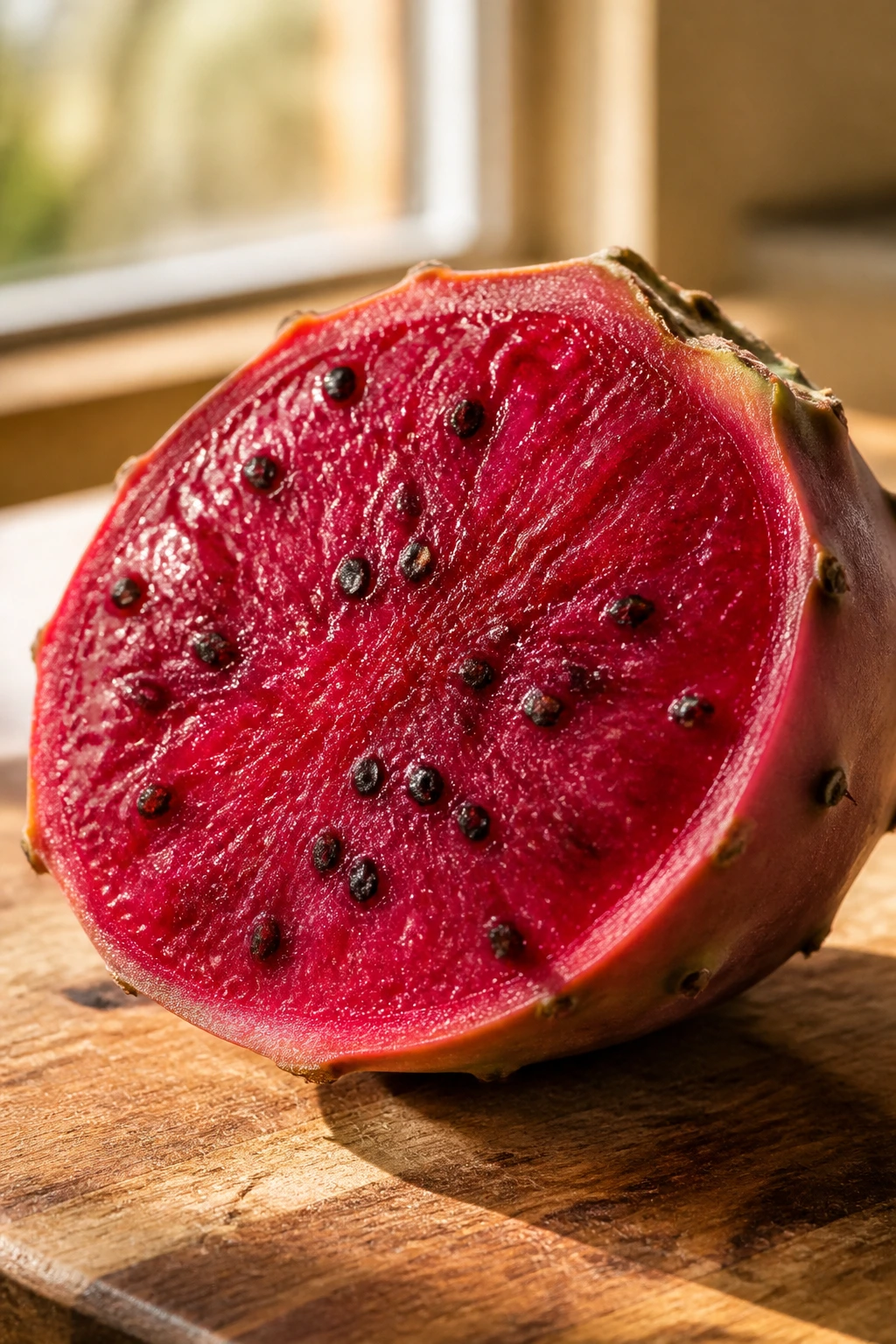 Halved Sabra fruit on wooden surface with bright interior
