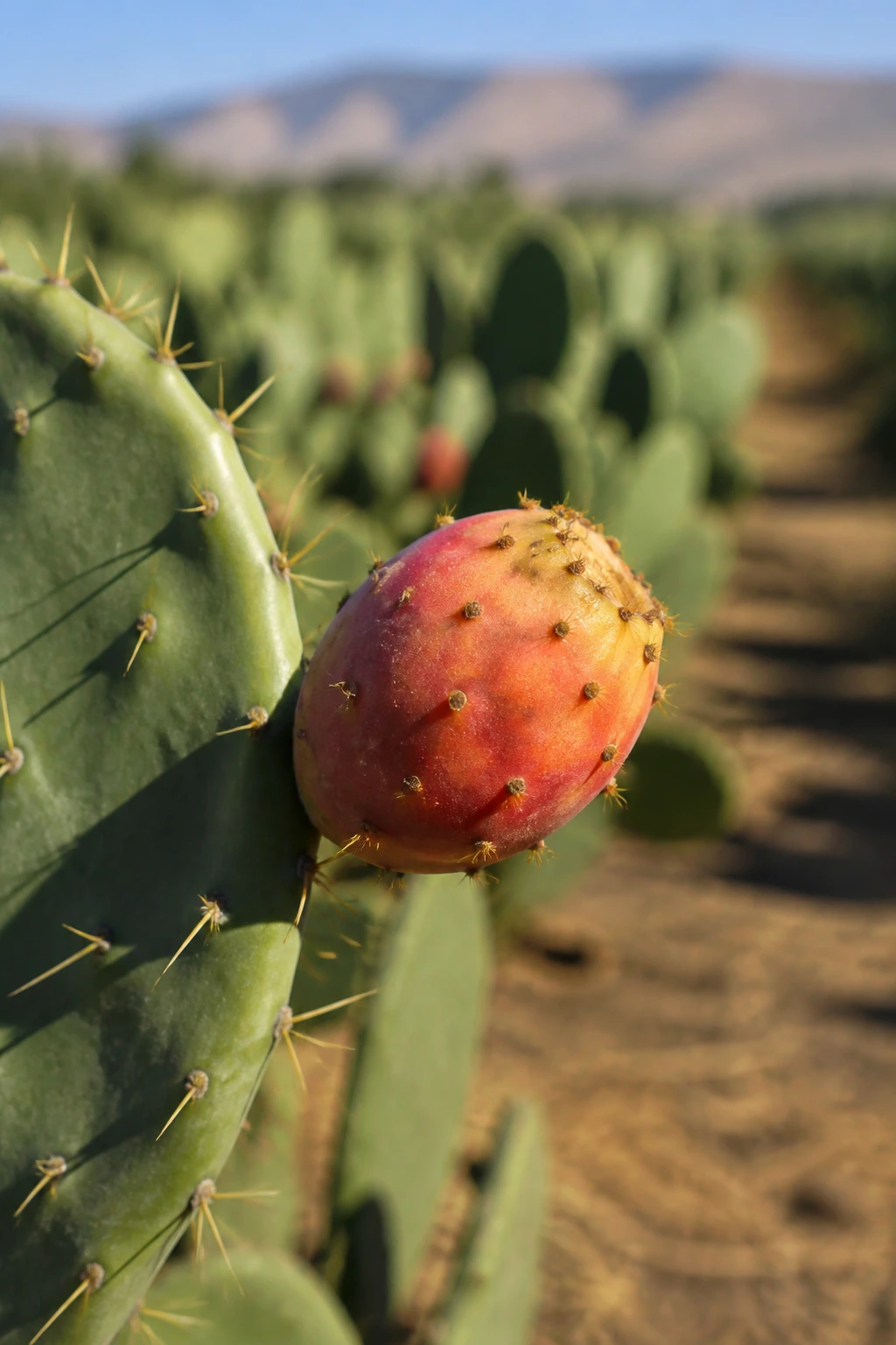 Sabra fruit on cactus pad in an Israeli field