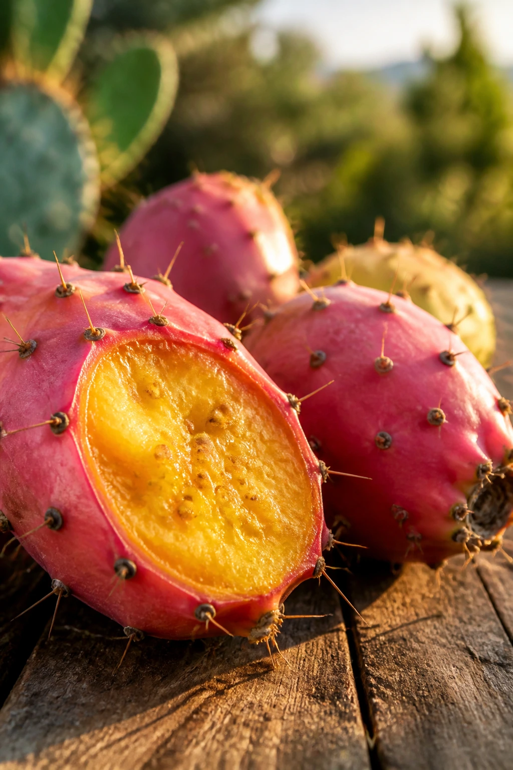 Sabra fruit showing thorny exterior and bright flesh on wooden table
