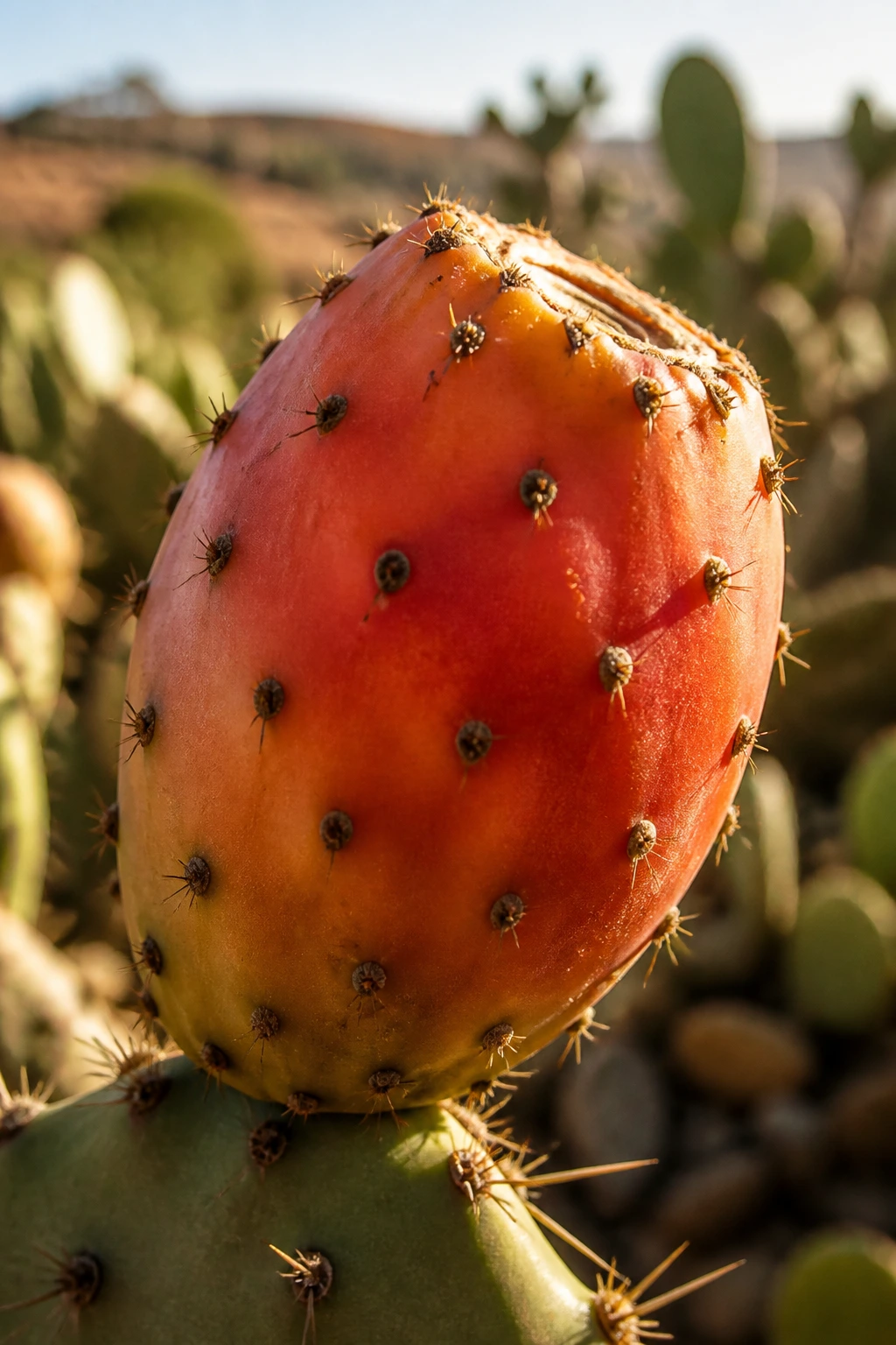 Close-up of Sabra fruit in a desert setting highlighting pear shape and spines