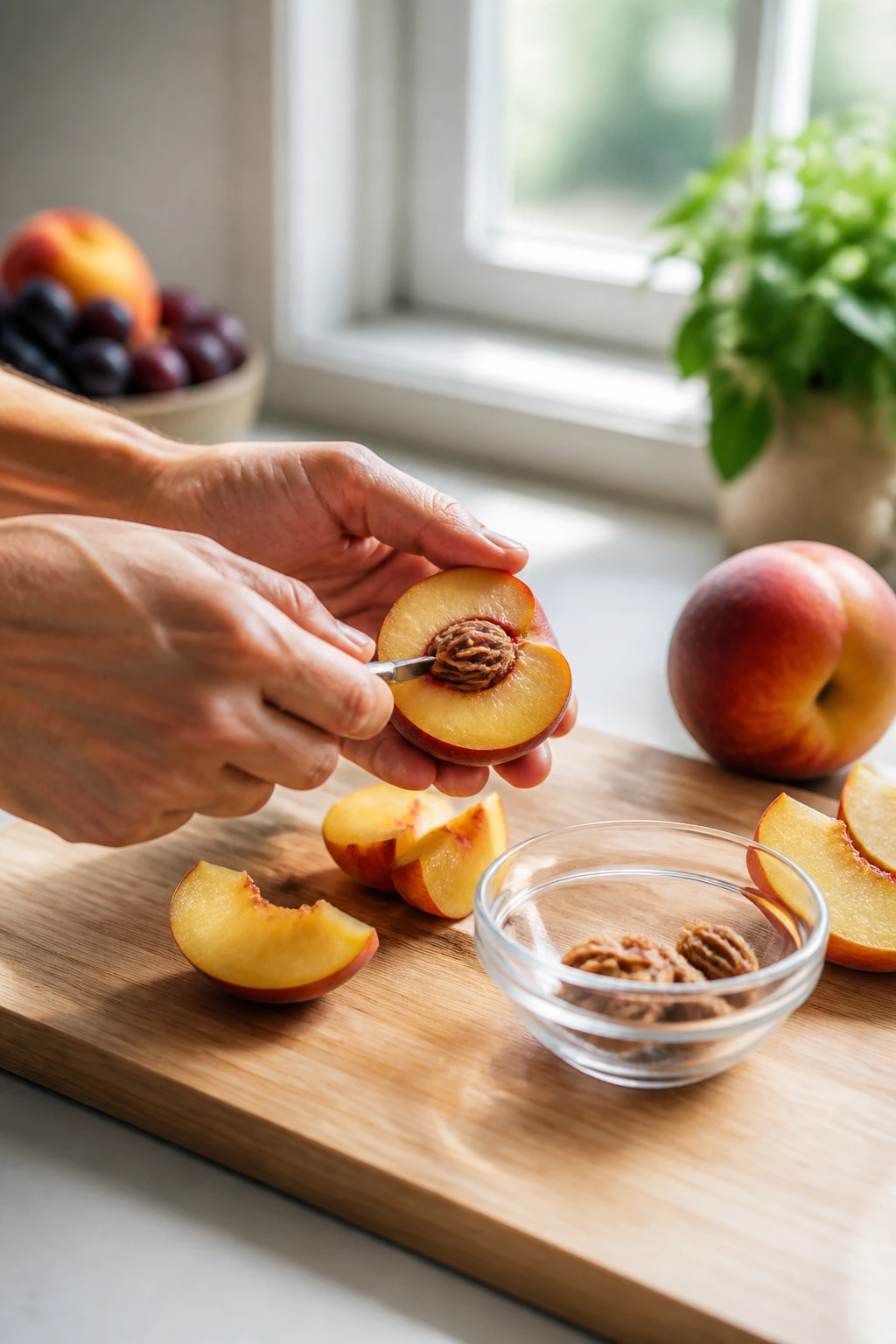 Hands removing seeds from fruit on a cutting board