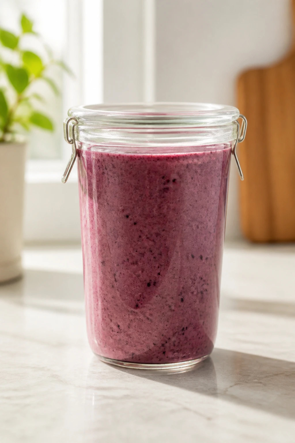 How Long Do Homemade Fruit Smoothies Last In The Fridge? 4 Close-up of a smoothie in a sealed glass on a clean kitchen counter