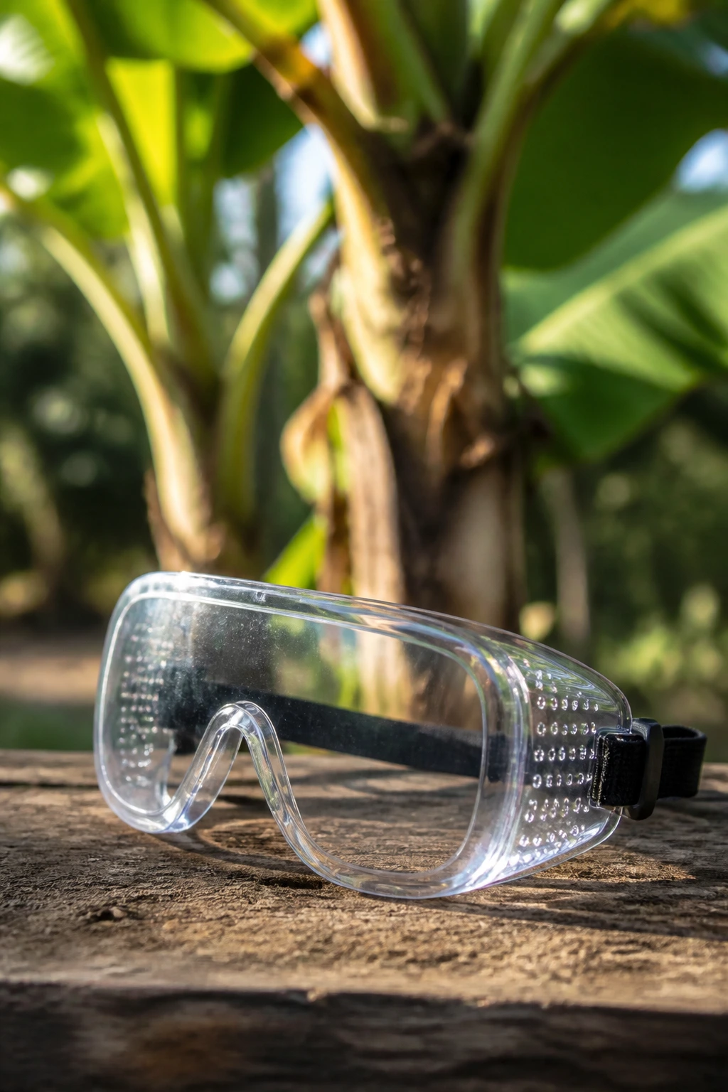 How to Trim a Banana Tree Like a Pro: A Complete Guide 4 Safety goggles on wood with banana tree in background