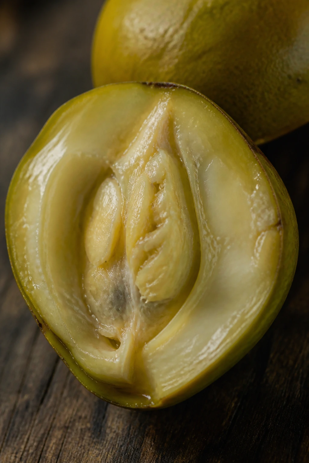 Cross-section of safou fruit showing pale flesh