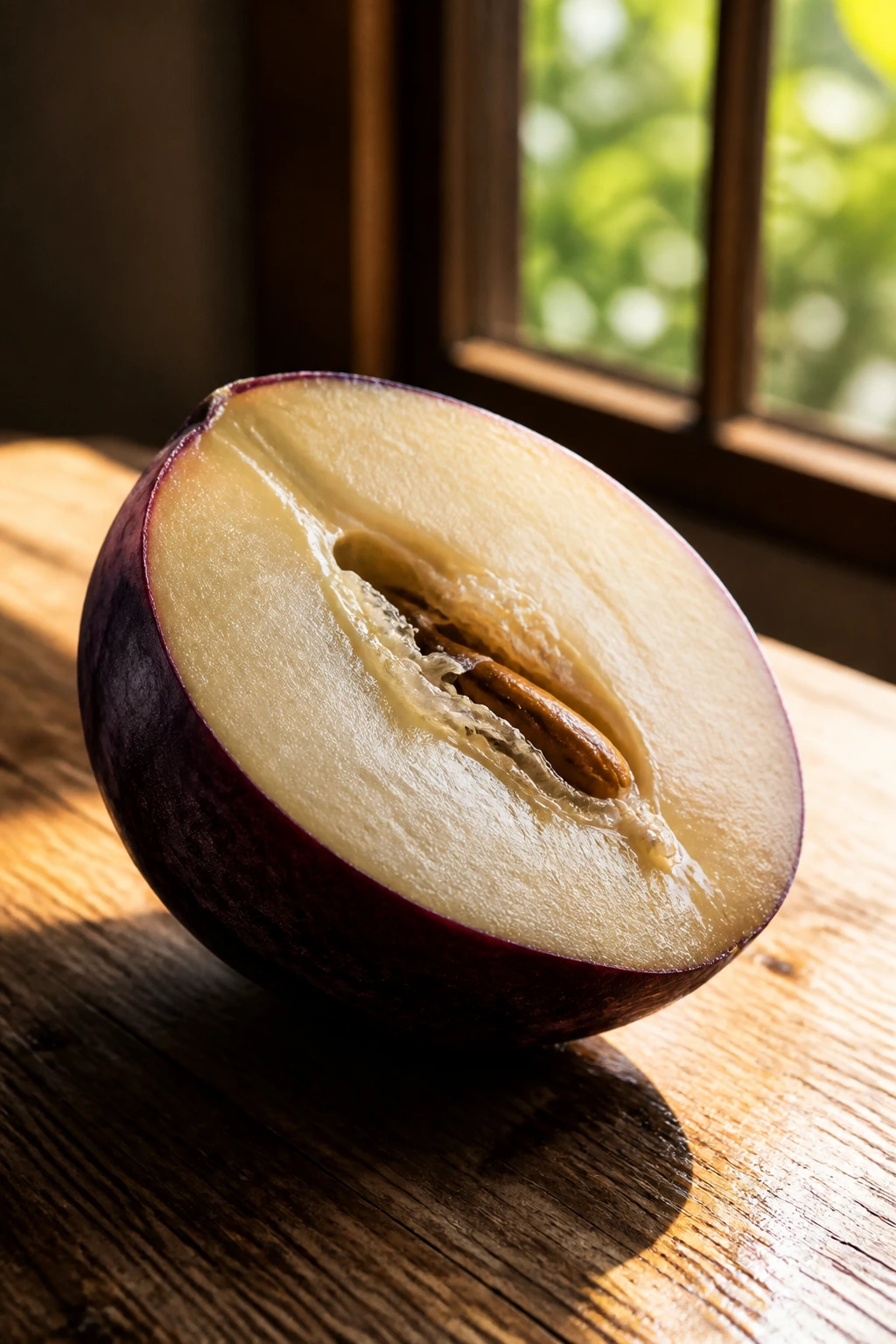 Close-up of a halved Safou fruit with purple skin and creamy flesh on wood