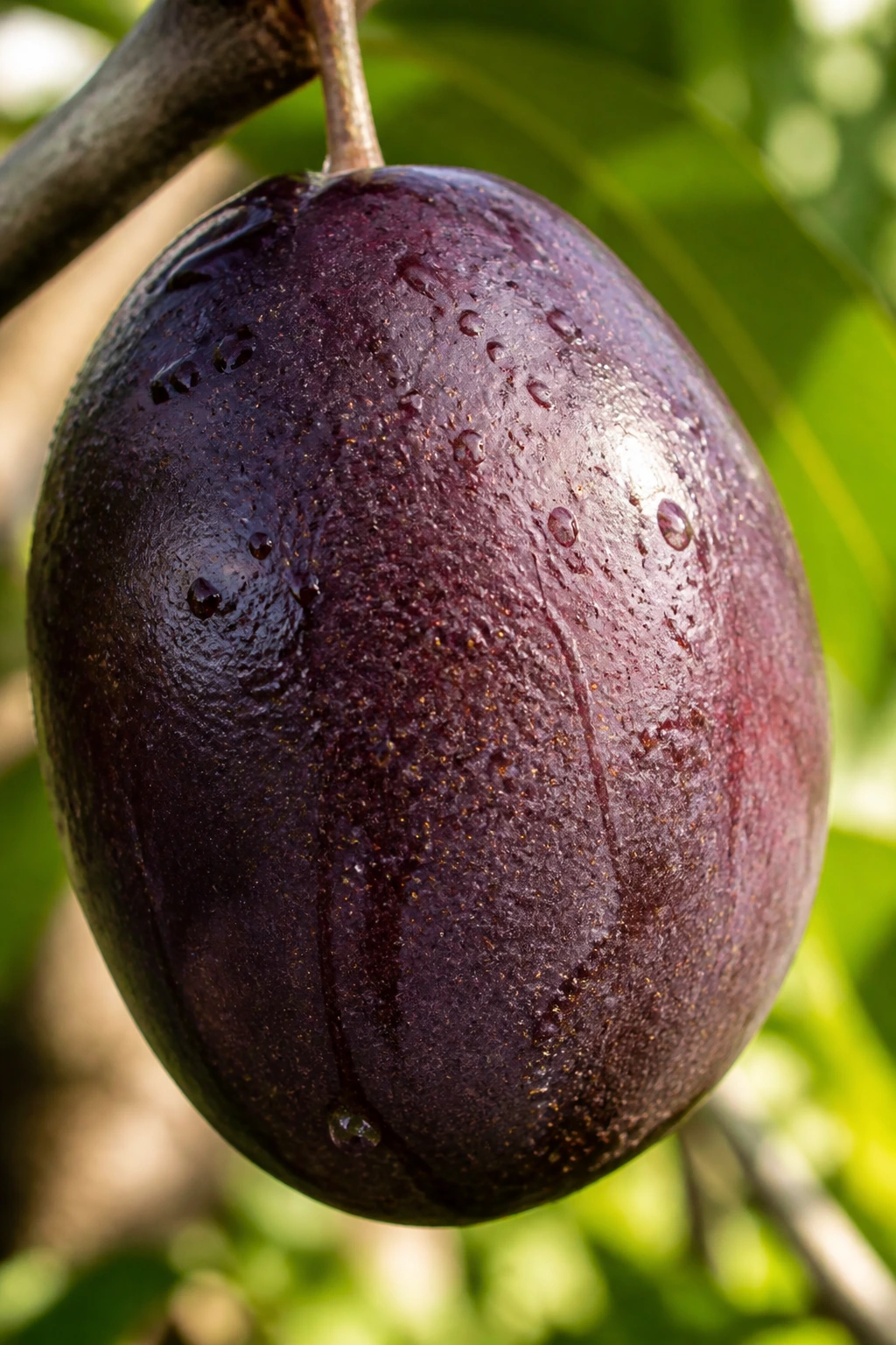 Close-up of African Pear Safou fruit with purple skin in a sunlit garden