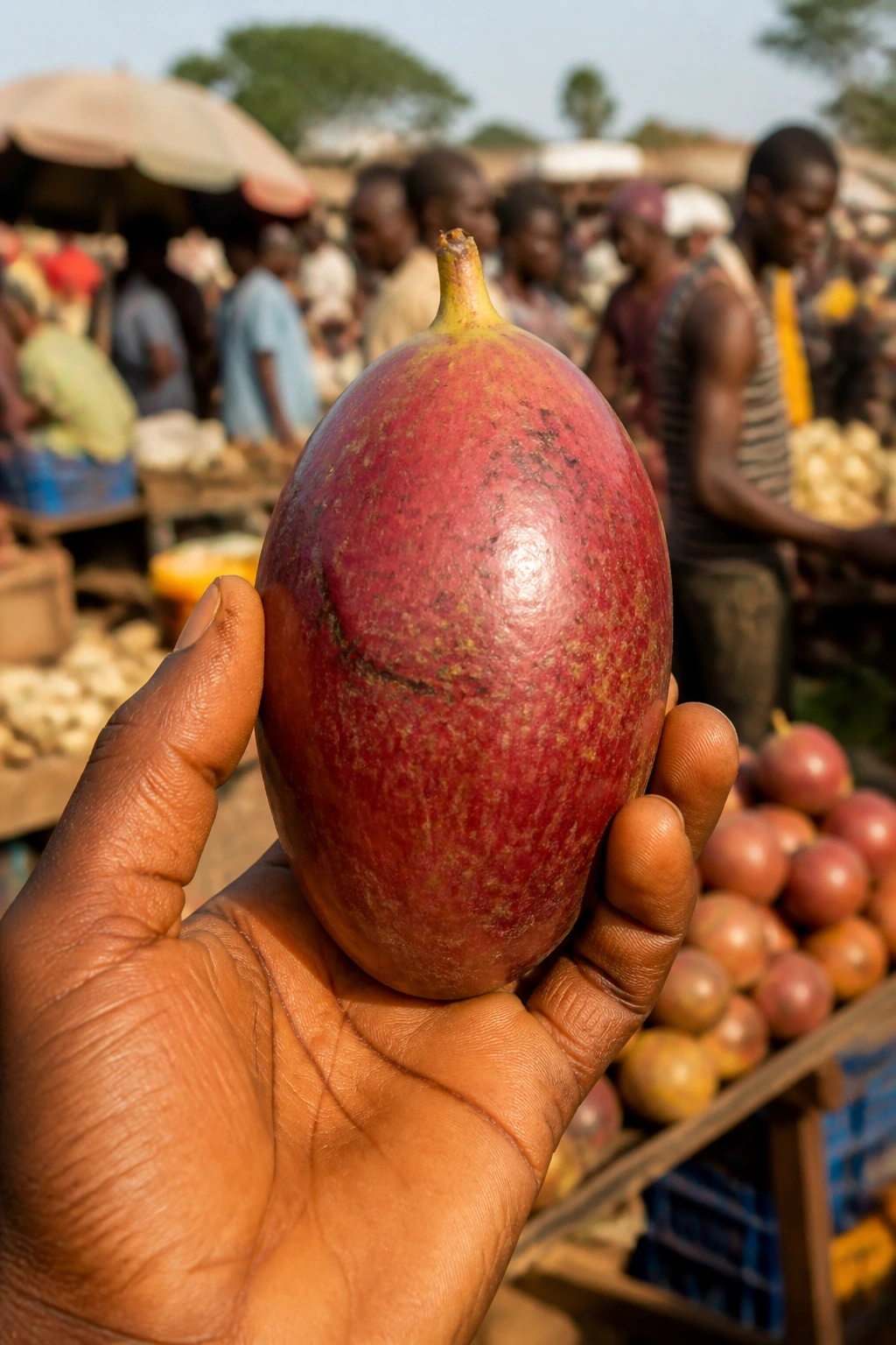 Safou fruit in foreground with blurred market background