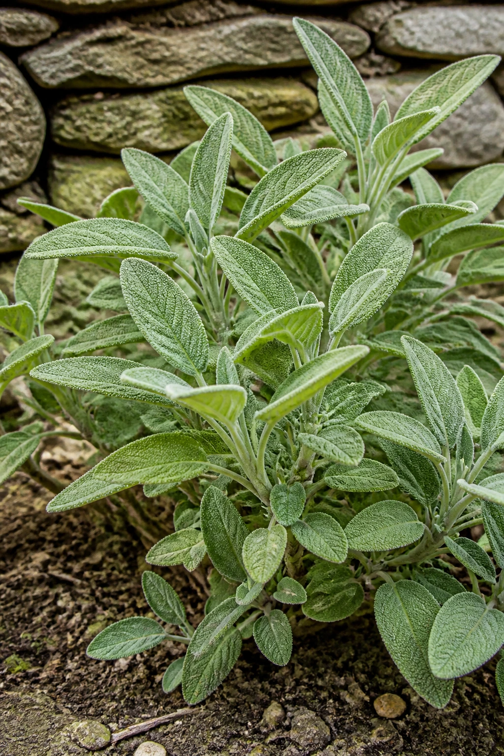 Close-up of sage leaves in a garden setting
