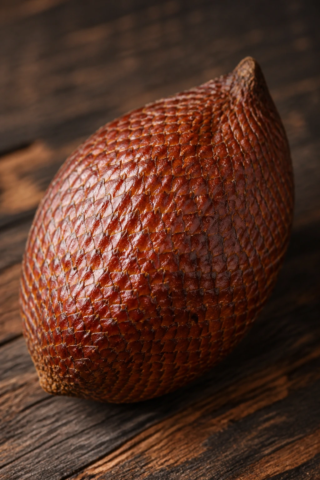 Close-up of a single salak fruit with scaly reddish-brown skin