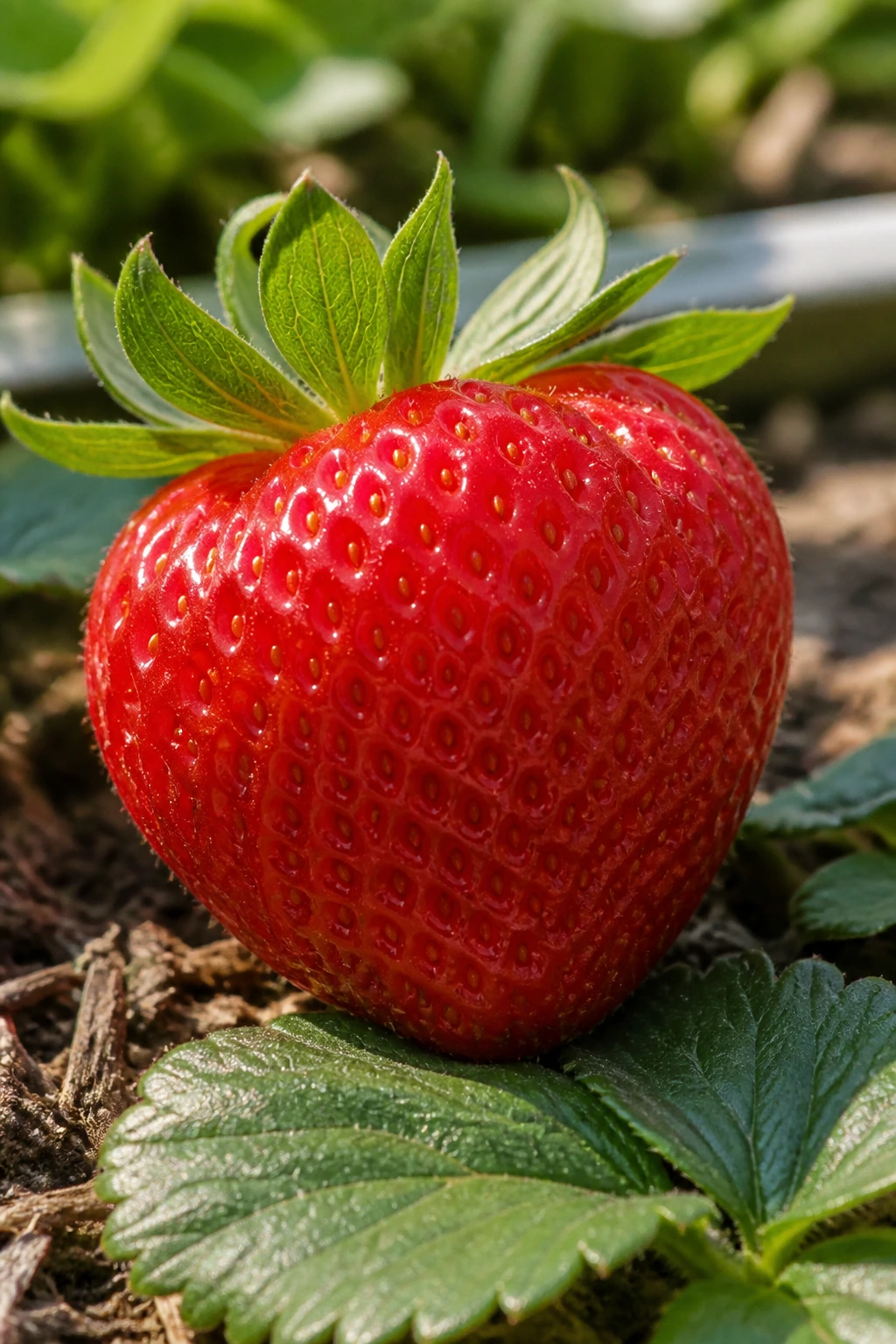 20 Popular Varieties Of Strawberries - And Which To Choose 18 Close-up of a large San Andreas Strawberry with glossy red skin and green calyx in a garden