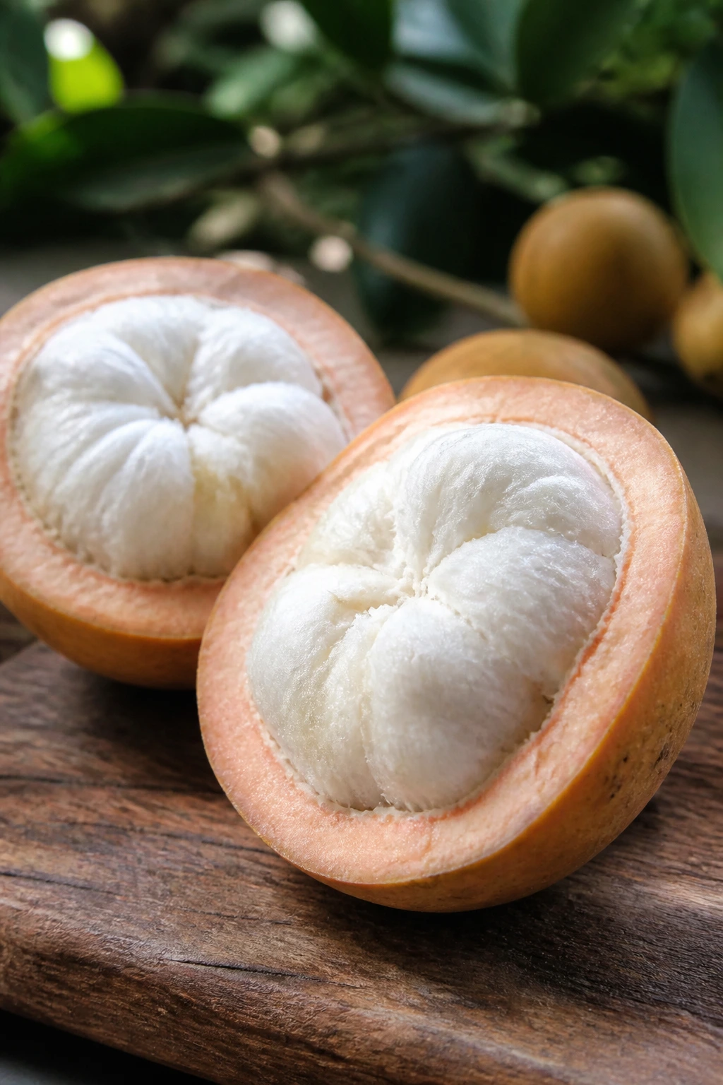 Halved santol fruit exposing white flesh on wooden board