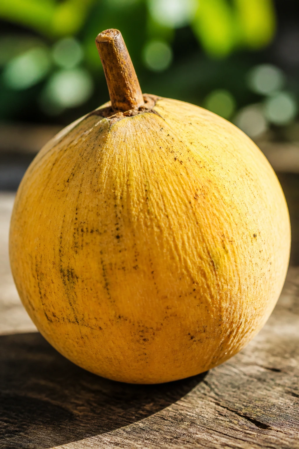 Close-up of a ripe santol fruit on a wooden surface highlighting health benefits theme