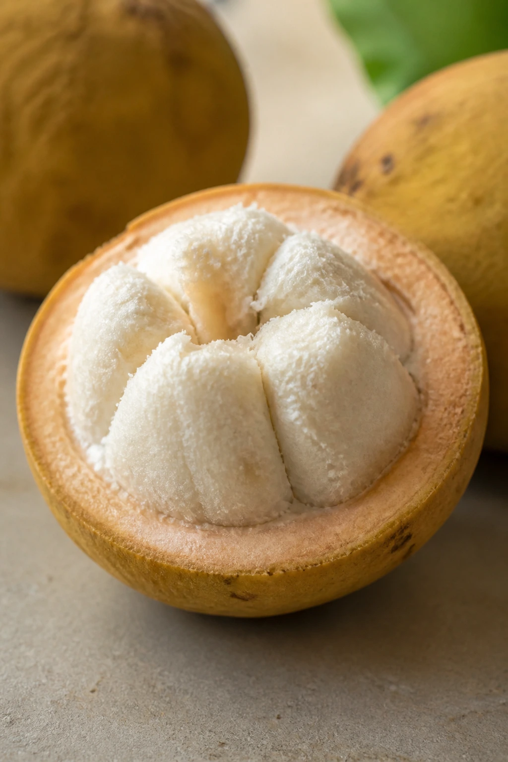 Halved santol fruit showing white flesh close-up