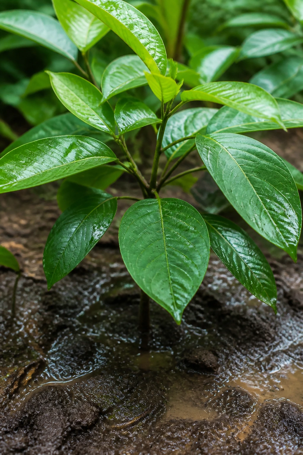 How to Grow Santol from Seeds (Complete Guide) 7 Close-up of santol trees leaves with damp soil in a garden, illustrating watering and feeding