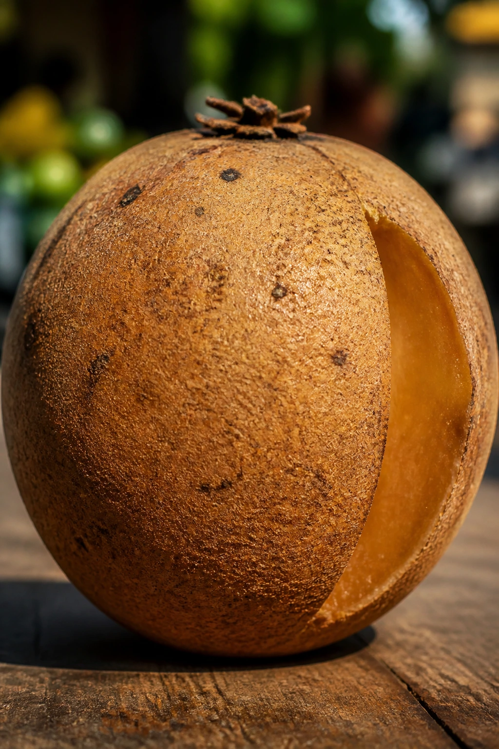 Close-up of sapodilla fruit showing rough brown skin and gritty texture