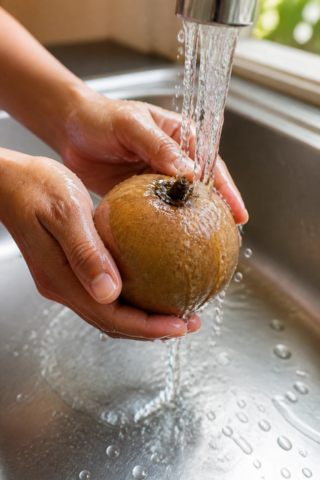 How To Eat Sapodilla Fruit Properly - Here's The Right Way 1 Close-up of sapodilla being rinsed under running water in a kitchen sink