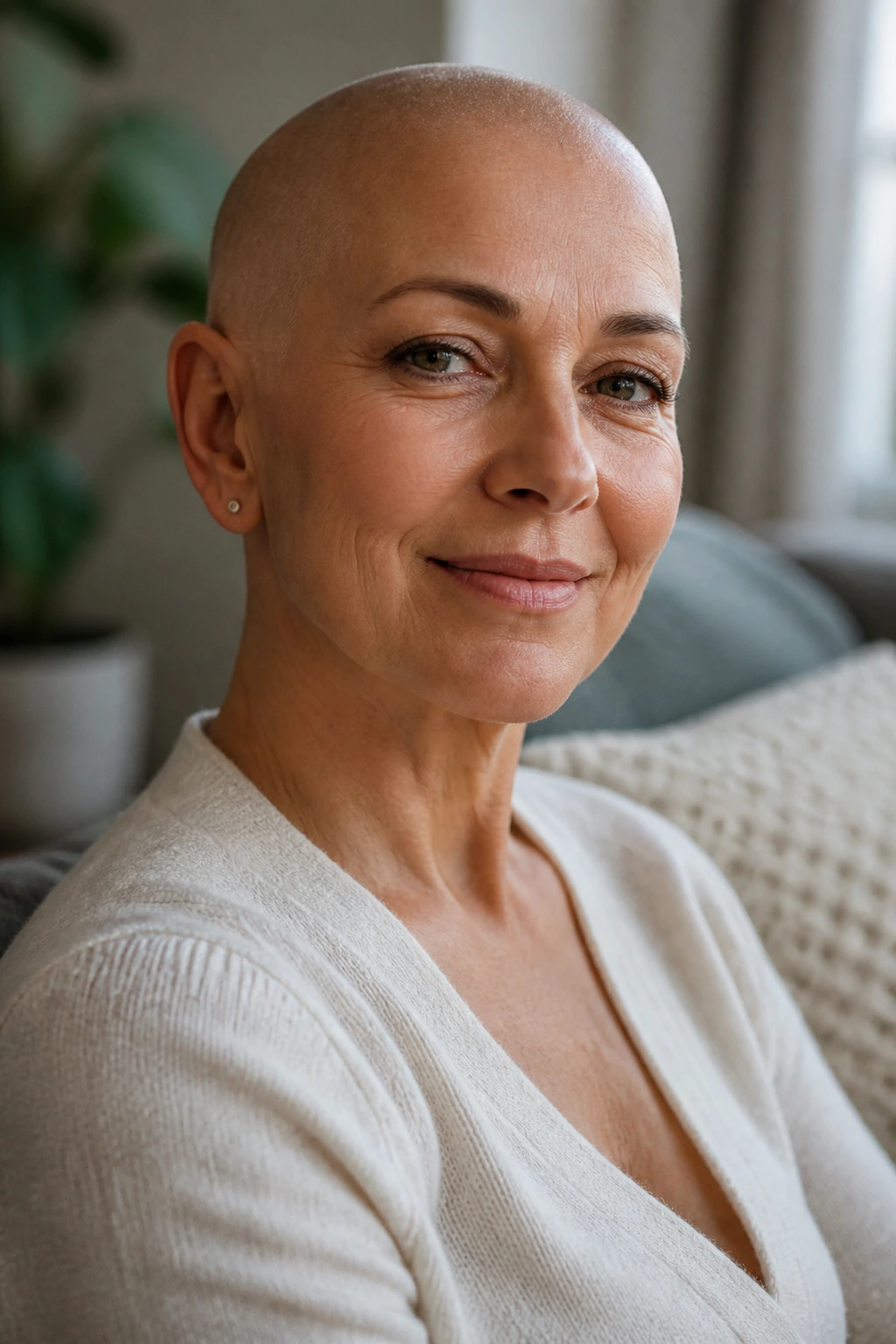 Close-up of a real person with a calm expression in a softly lit living room