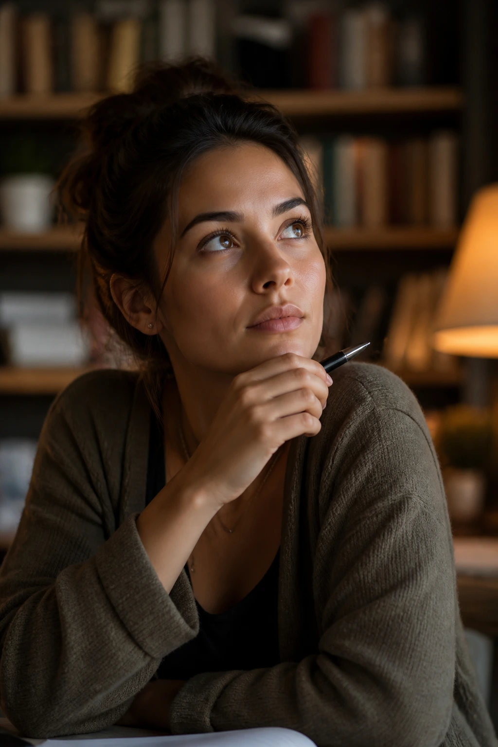 Close-up of a real person with a thoughtful expression in a study setting