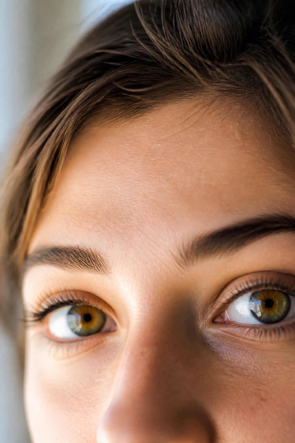 Close-up of a real person's eyes in natural window light showing clear iris and healthy whites