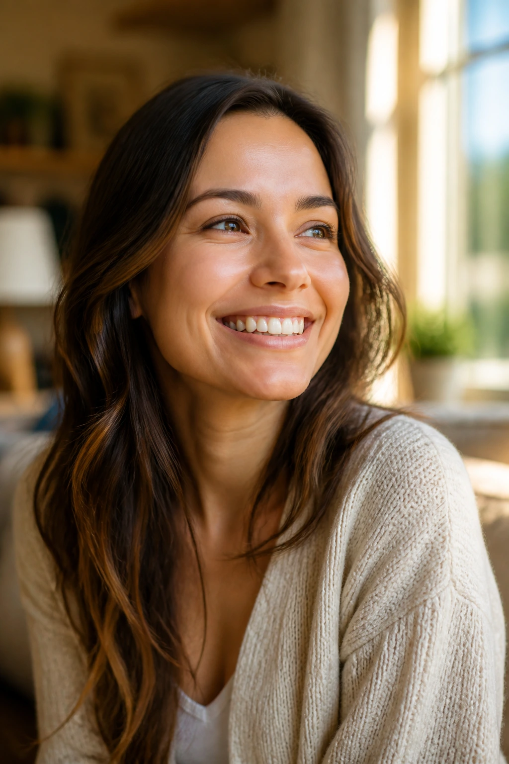 Close-up of a real person smiling in a sunlit living room