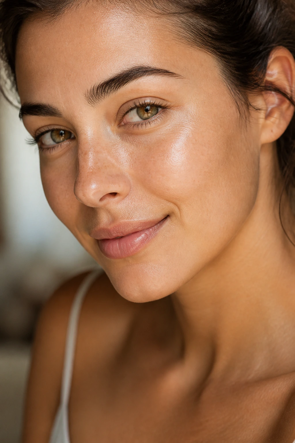 Close-up of a real person's smooth cheek skin under soft natural light