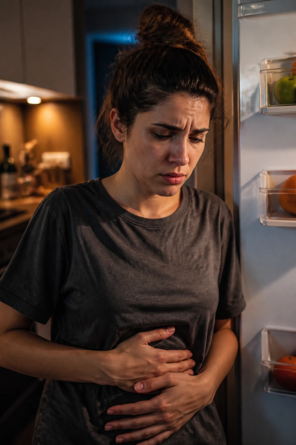 10 Surprising Disadvantages Of Eating Fruits At Night 8 Real person in a dim kitchen showing dissatisfaction with fullness